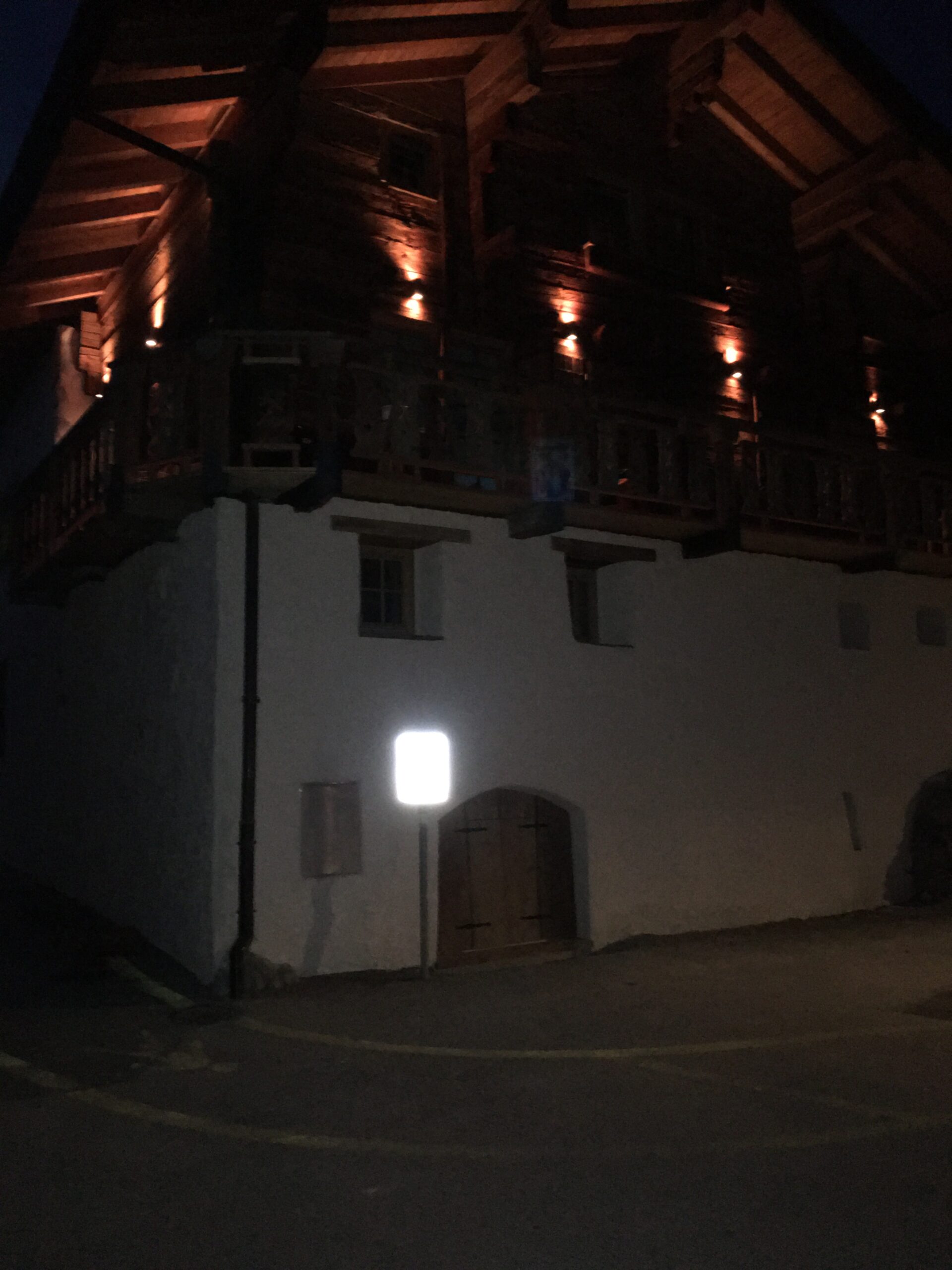 South side of La Chujale house, nighttime view in Arbaz